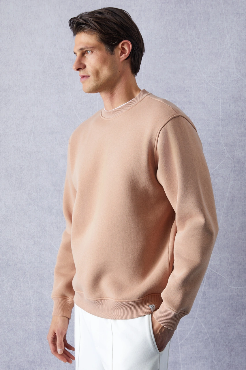 Grımelange Travıs Erkek Organik Kumaşlı Yumuşacık Regular Fit Yuvarlak Yakalı Bej Sweatshirt Bej