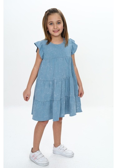 Toontoy Kız Çocuk Yıkamalı Elbise Mavi