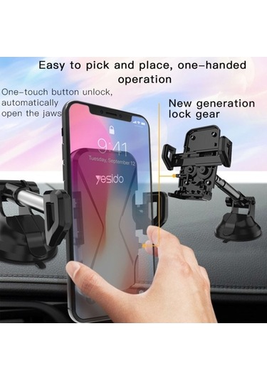 Wondernest Yesido C360 Araba Katlanabilir Otomatik Klipsli Telefon Tutucu Siyah Siyah