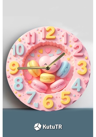 Pembe Kalpli Makaron Temalı Mdf Duvar Saati 3d Görünümlü, 2d Hd Baskı, Sessiz Mekanizmalı, Sdw233 Renkli