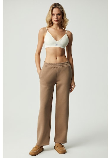 Sharıd Kadın Relaxed Biyeli Geniş Paça Vizon Eşofman Altı