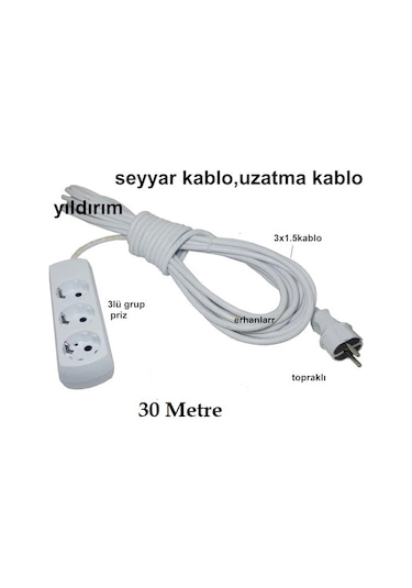 Seyyar Kablo Uzatma Kablo Ara Kablo 30 Metre 3 Lü Grup Priz