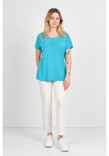 Ella Camelia Kadın Düşük Kollu Taş Süsleme Detaylı Bisiklet Yaka Bluz 24e116 Açık Mavi Açık Mavi