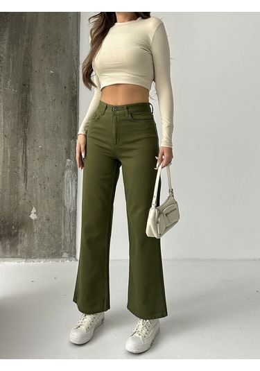Kadın Yüksek Bel Keten Boyfriend Bol Paça Haki