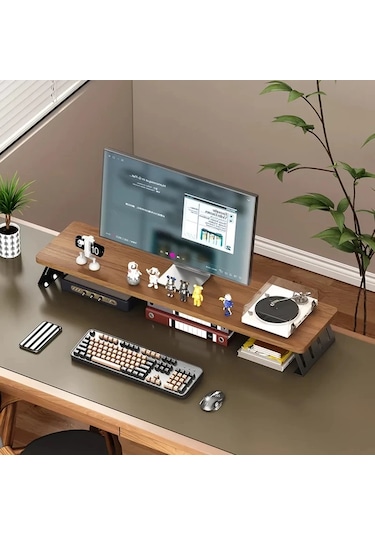 Motion003 Ergonomik Ahşap Monitör Standı Yükseltici Bej Çerçeve Kütük Tahta 50 Cm Büyük Çift Ekran Masa Rafı L Şeklinde Bacaklı
