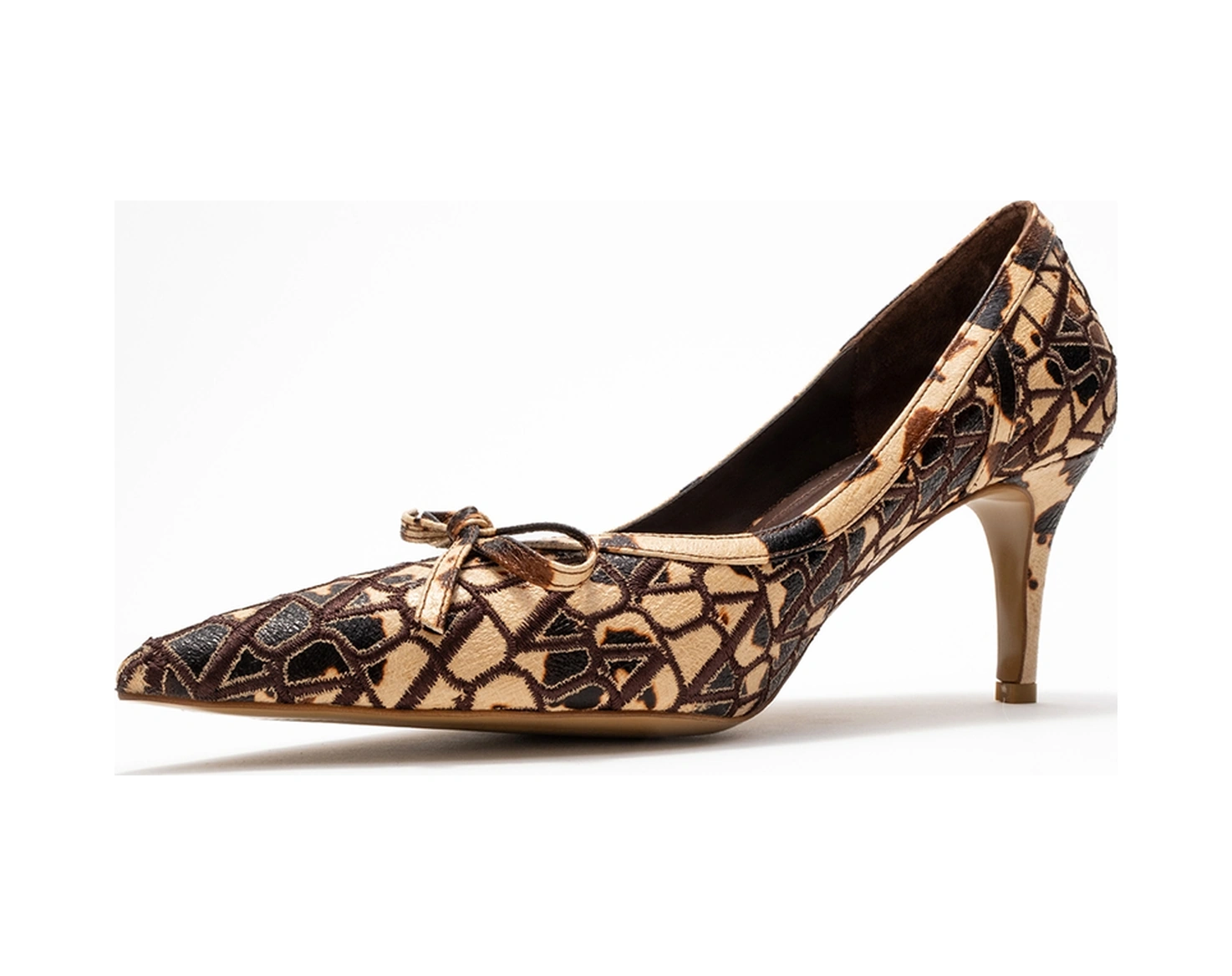 Camden Bej Desenli Fiyonklu Kadın Topuklu Ayakkabı Bej