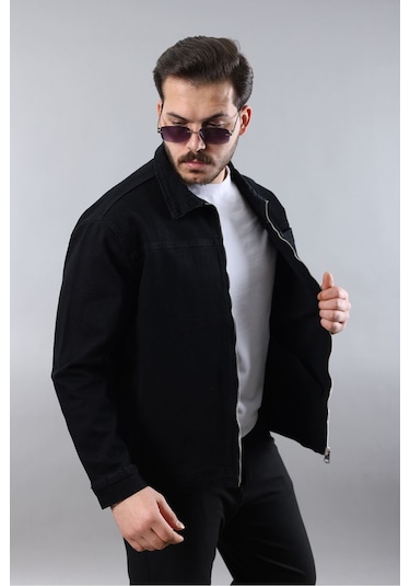 Erkek Regular Fit Siyah Spor Model Fermuarlı Kot Ceket Siyah