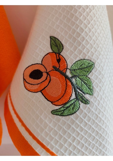 2 Li Mutfak Havlusu %100 Pamuk - Kayısı Nakışlı - 40x60 Cm Turuncu Turuncu
