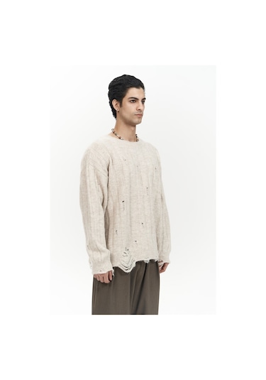 Vincent Yırtık Detay Bej Erkek Triko Kazak Bej