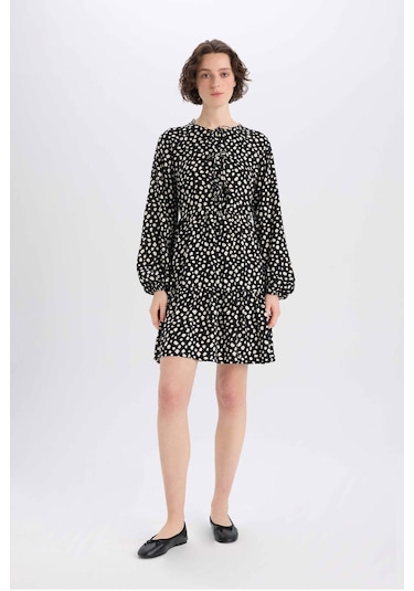 DeFacto Bisiklet Yaka Puantiye Uzun Kollu Mini Elbise E6612AX25SPBK81