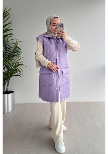 Ka Hijab Cep Detay Kapitone Yelek - Lila Lila