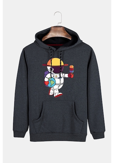 Unisex Füme Kapüşonlu Astronot Baskılı Slim Fit Kanguru Cepli Sweatshirt Füme