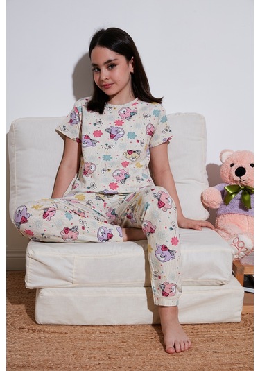Lela % 100 Pamuk Bisiklet Yaka Kısa Kollu Kız Çocuk Pijama Takımı 6651004 Bej