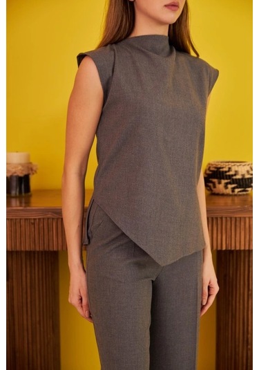 Gri Sıfır Kol Düğmeli Gömlek Takım Gri