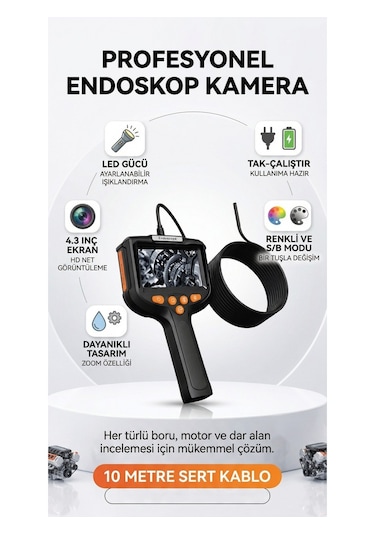 Profesyonel Endoskop Kamera Monitörlü El Tipi / 10 Metre