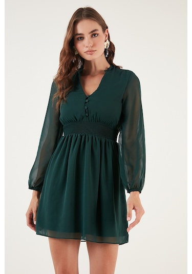 Lela V Yaka Regular Fit Gipeli Düğme Detaylı Şifon Mini Bayan Elbise 611El01433 Zümrüt