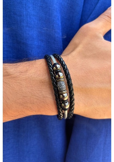 Siyah Örgülü El İşçiliği İle Üretilmiş Hakiki Deri Erkek Bileklik Siyah - Gri