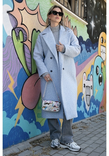 Lela Oversize Fit Mono Yaka Düğmeli Buklet Uzun Kaşe Bayan Kaban 6810236 Bebe Mavi