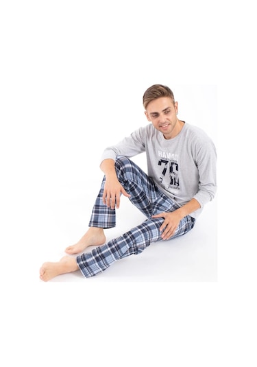 Tampap Erkek Büyük Beden Baskılı Pijama Takımı Uzun Kollu 2170-B Gri