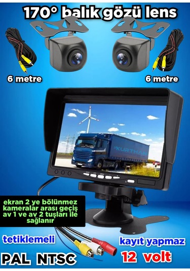 7'' Ekran + 2 Adet 170'' Geniş Açılı Kamera Set Kayıt Yapmaz 12v