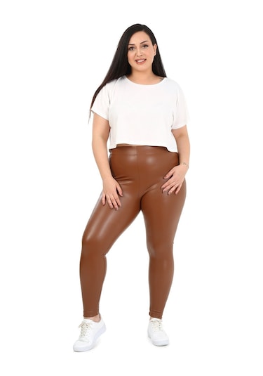 Disentis Büyük Beden Beli Lastikli Bilek Hizasında Deri Tayt Kahverengi