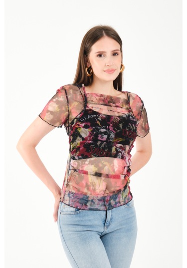 Kare Yaka Tül Bluz Pembe