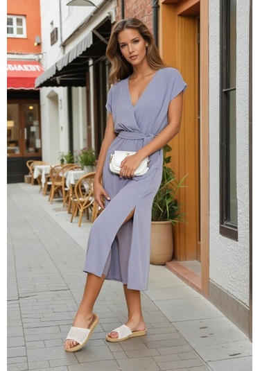 Kadın Kruvaze Yaka Cepli Derin Yırtmaçlı Beli Lastikli Aerobin Günlük Yazlık Elbise 3764341 Gri