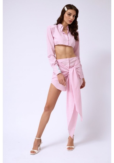 Bağlamalı Çizgili Etek Pembe