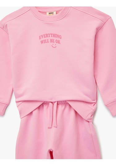 Koton Baskılı Uzun Kollu Bisiklet Yaka Şardonlu Eşofman Takımı Pembe 6wkg10223ak Gül