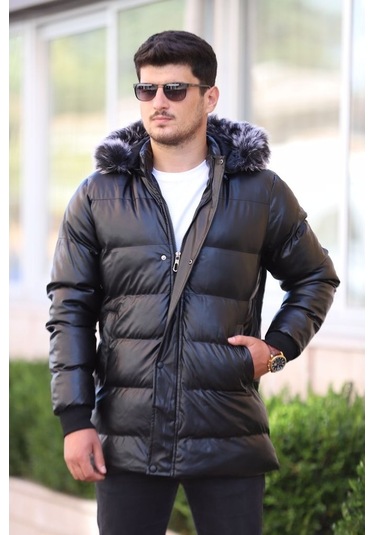 Prifaldi Erkek Kapüşonu Çıkarılabilir Siyah Şişme Uzun Deri Mont Siyah