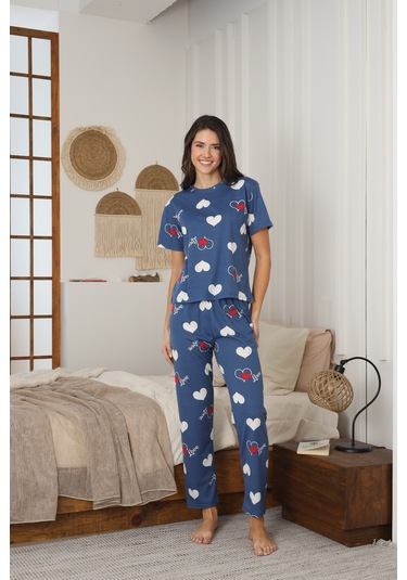 Kadın Yazlık Kısa Kol Penye Süprem Kumaş Pijama Takımı Mavi Kalpli