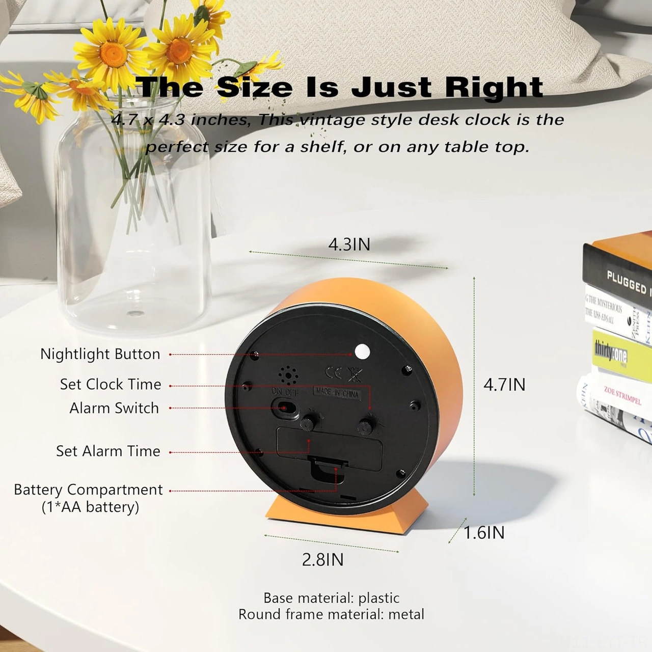 Youtek 4.5 İnç Retro Metal Alarm Saat - Gece Işıklı, Sessiz Kuartz Hareketli - Odalar İçin Dekoratif Masa Saati Turuncu 9062 Turuncu