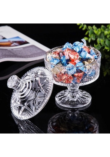 Pazly Şeker Kavanoz Cam Kristal Çanak Kase Takı Duş Totejar Depolama Tutucu Kapaklı Çerez Kabartmalı Teneke Dekoratif Konteyner Şeffaf