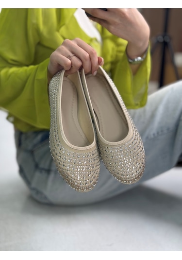 Günlük Altın Kadın Babet Oval Burun Gümüş Taşlı Saten Ortopedik Hafif Ev İş Ofis Ayakkabı 38 Altın