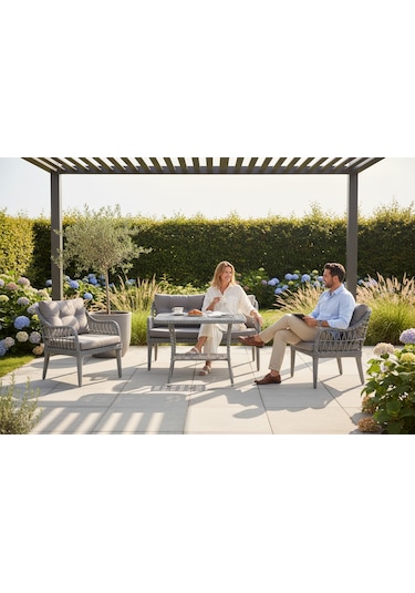 Kaş 2+1+1+sehpa Bahçe Balkon Mobilyası,gri Rattan/gri Kumaş Gri