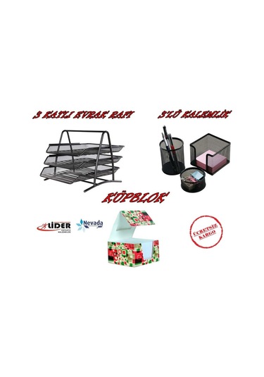 3 Katlı Metal Evrak Rafı + Kalemlik Seti + Küp Not Kağıdı
