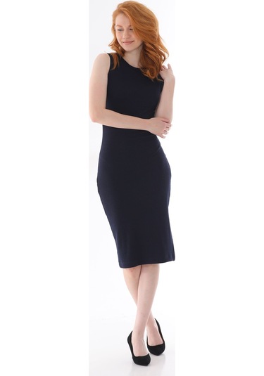 Kallima Lacivert Kolsuz Diz Altı Yırtmaçlı Fitilli Esnek Elbise