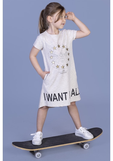 Toontoy Kız Çocuk I Want It All Baskılı Elbise Kahve Melanj