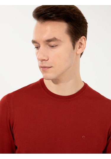 Cacharel Koyu Kiremit Slim Fit Bisiklet Yaka Basic Triko Kazak Kırmızı