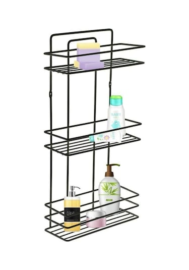 3 Katlı Siyah Yapışkanlı Banyo Rafı, 2 Kancalı Şampuanlık Düzenleyici, Paslanmaz Metal Banyo Askısı - TŞ-03