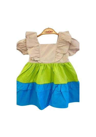 Çikoby Kız Bebek Fırfırlı Dokuma Elbise-13891 Çok Renkli