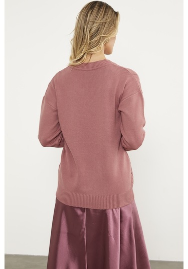 V Yaka Motifli Triko Kazak - Gül 001