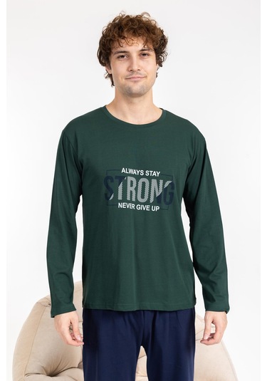 Erkek Penye Pamuk Regular Kalıp Sıfır Yaka Kaliteli Pijama Takımı A803123 Yeşil