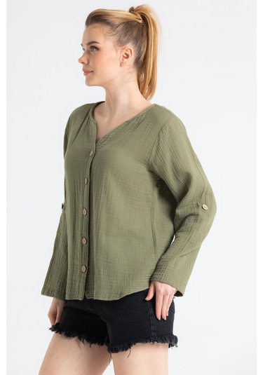 Uzun Kol Müslin Sedef Gömlek Haki Hk-haki Haki