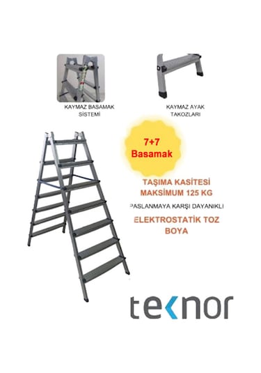 Çift Taraflı Dayanıklı 7+7 Metal Basamaklı Merdiven