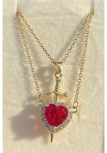 Altın Renk Kırmızı Taş Kalp Çift Kolyesi Çelik Kolye - 3411 Altın