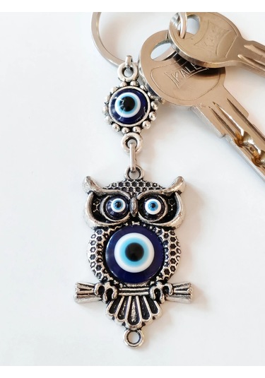 Moncuk Design Baykuş Şekilli Üzeri Cam Göz Süslemeli İnce İşlemeli Metal Anahtarlık