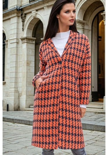 Turuncu Kaz Ayağı Desenli, Cep Detaylı, Uzun Kaban Turuncu