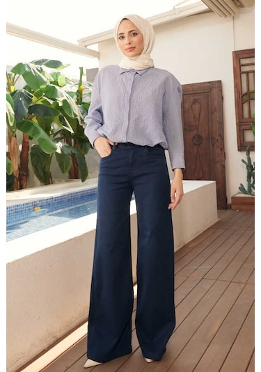 Neways 1067-denim Bol Paça Pantolon Lacivert Çok Renkli