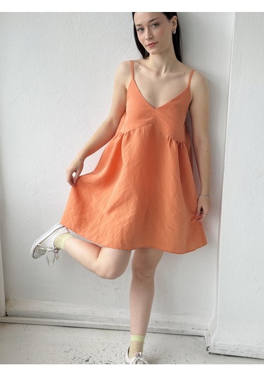 Retrobird Tasarım June Askılı Mini Elbise Kadın Turuncu-13902 Turuncu